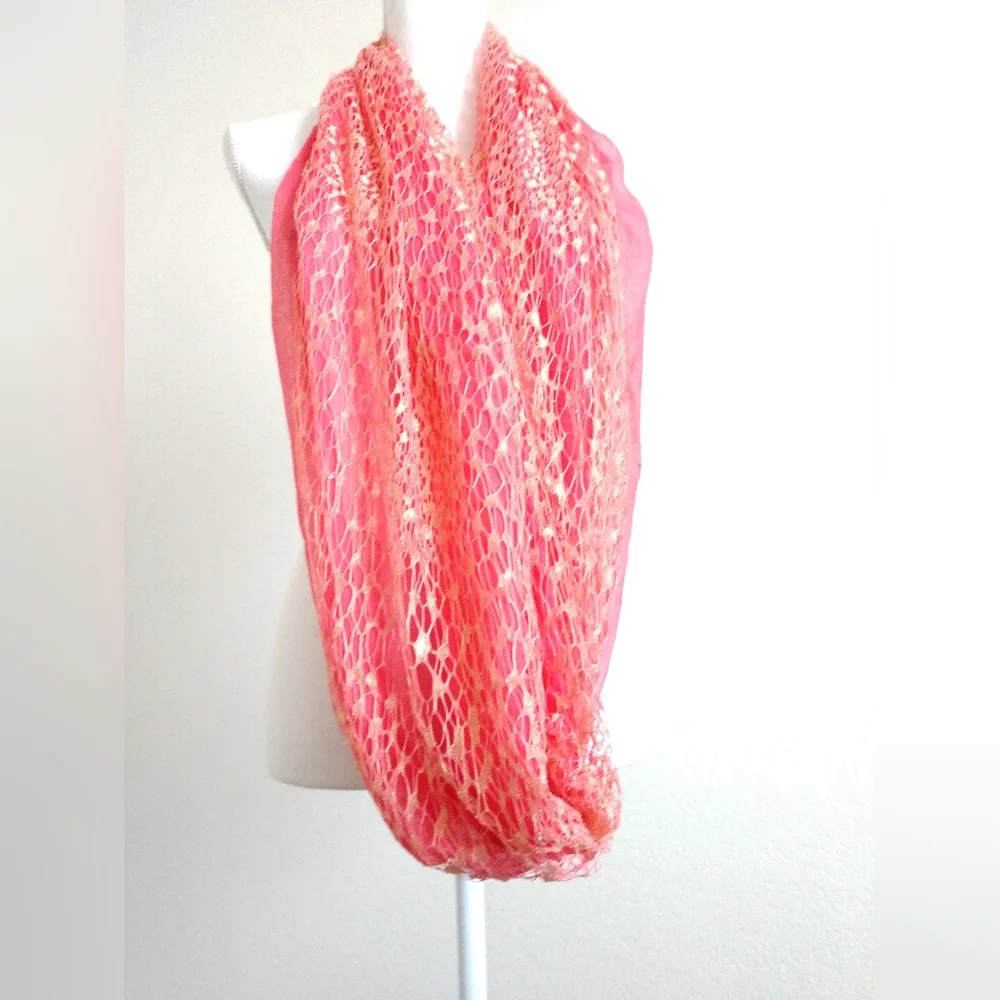 Stunning Fashion Infinity Scarf Peachy Pink with Gold Metallic Netting Overlay